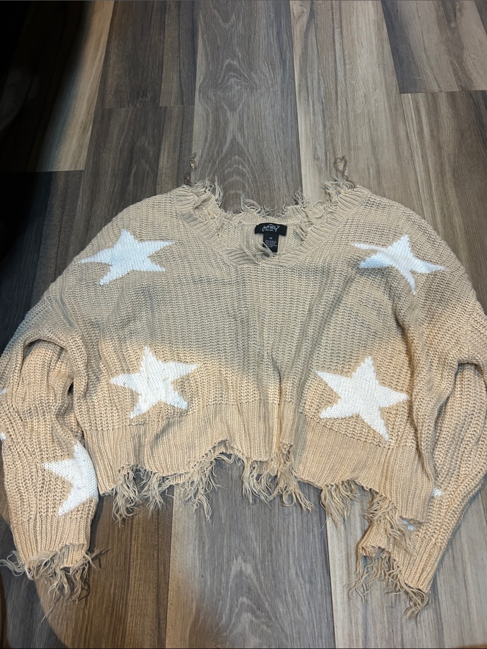 Blank NYC Beige Star-Print Cropped Crew Sweater
